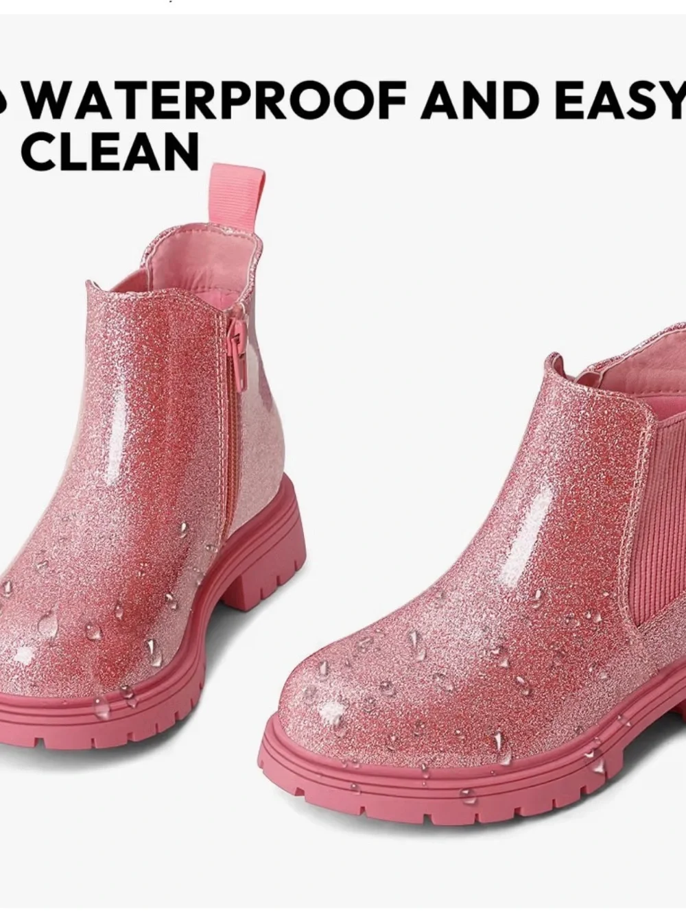 Girls Glitter Pink Chelsea Rain Boots - Sparkle Slip-On Waterproof